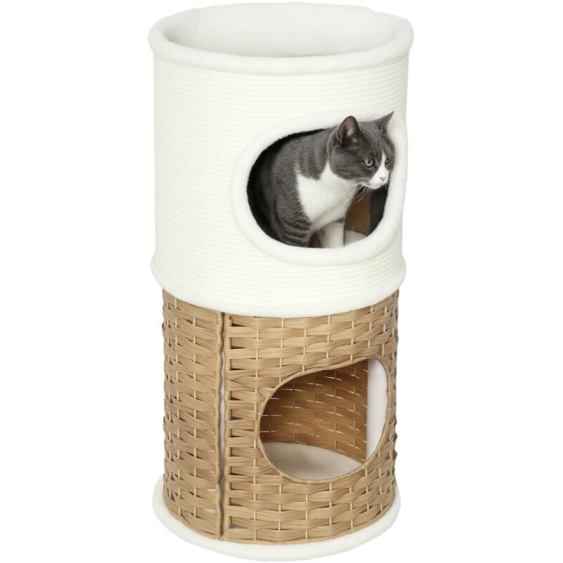 Tour à griffer pour chat 3 niveaux - 2 niches, panier observation- H.75,5 cm - résine tressée sisal