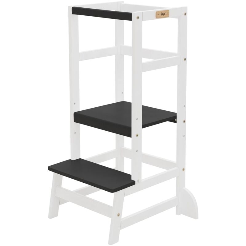 Joyz - Tour d'Apprentissage pour Enfants, Chaise d'Observation Montessori à partir de 1 an, Bois Blanc-Gris, Barre de Protection, Hauteur Réglable,