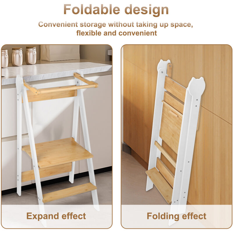 Tour d'Apprentissage Montessori Pliable en Bambou - 3 Hauteurs Réglables (28/38/48 cm) Sécurisé Anti-Dérapant pour Cuisine & Salle de Bains Escabeau