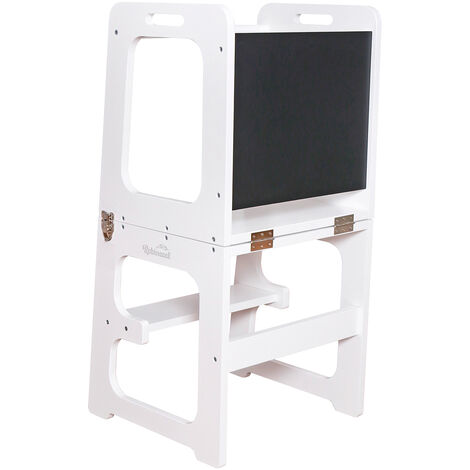 Tour d'Apprentissage Montessori Robincool Evolutive II Blanche 43x40x86cm Barre de Sécurité, Tableau, Convertible en Bureau
