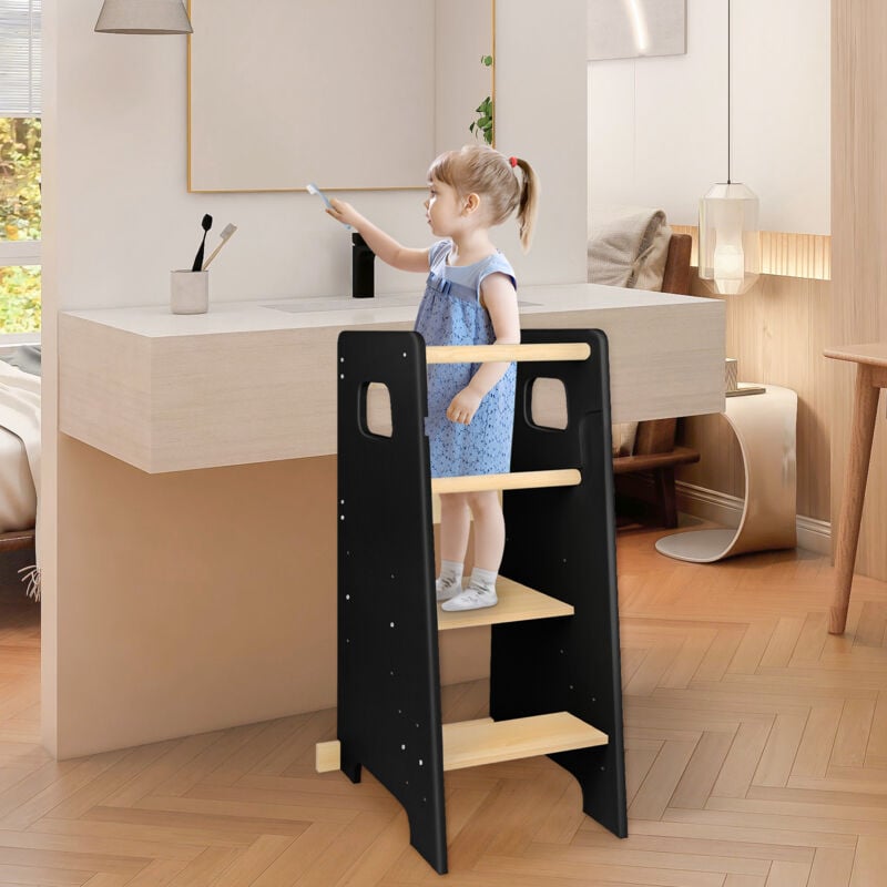 Tour d'Apprentissage pour Enfant Chaise Haute Bébé Enfants sécurisée avec Barre anti-chute Repose-pieds Antidérapants 40x42x90cm