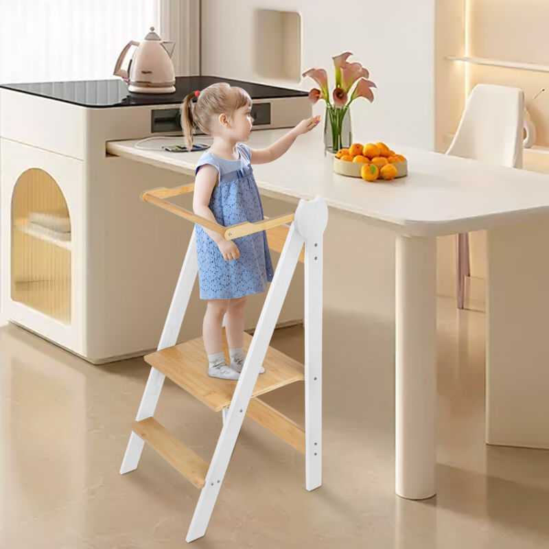 Tour d'Apprentissage pour Enfant Chaise Haute Bébé Enfants sécurisée Pliable avec Rampe et Barre anti-chute