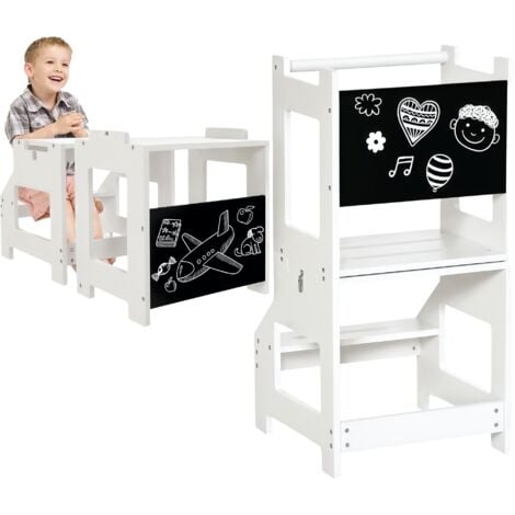 Tour d'apprentissage tableau à craie tabouret bureau 3 en 1 - marches antidérapantes, barreau, hauts rebords de sécurité - MDF blanc noir