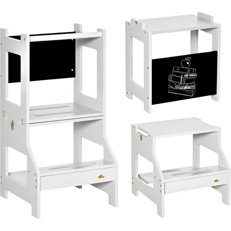 Tour d'observation enfant - tour d'apprentissage - 3 en 1 - avec barreau, hauts rebords de sécurité et tableau noir - gris