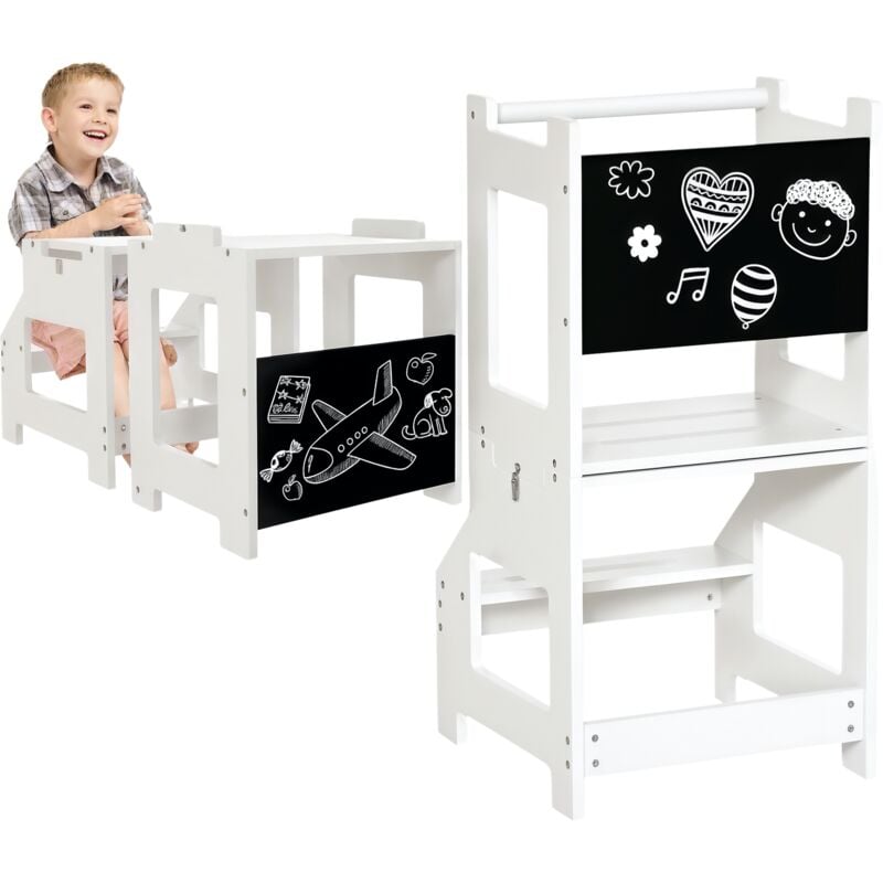 Tour d'apprentissage tableau à craie tabouret bureau 3 en 1 - marches antidérapantes, barreau, hauts rebords de sécurité - mdf blanc noir