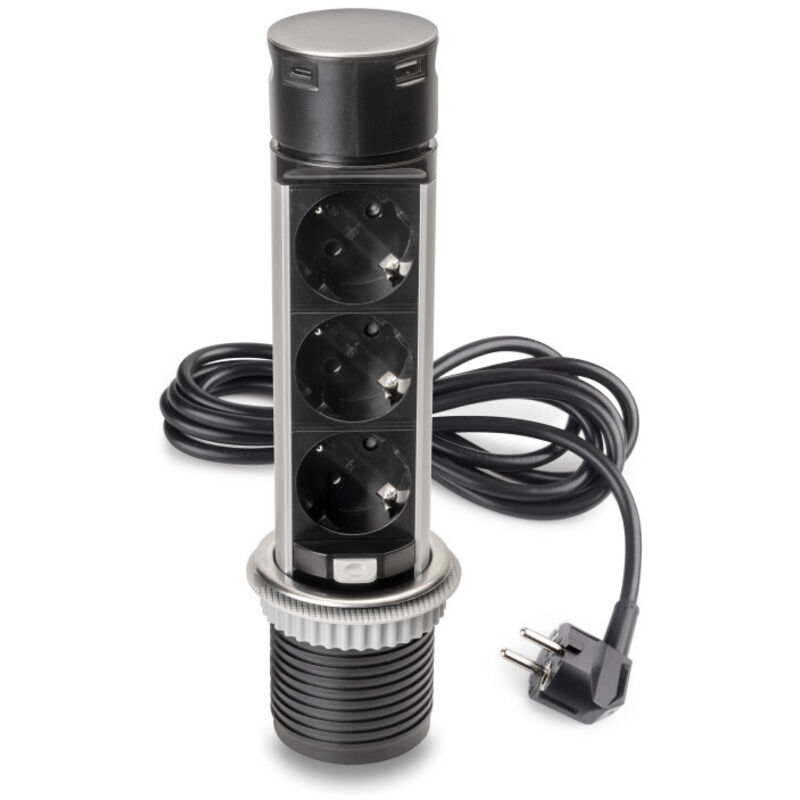 Multiconnecteur Vertikal Push 60, diamètre 60 mm, 3 prises de type Schuko, 1 usb de type a, 1 usb de type c, Acier et plastique, Acier inoxydable