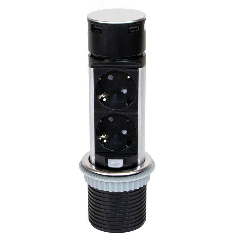 Multiconnecteur Vertikal Push 60, diamètre 60 mm, 2 prises de type Schuko, 2 usb de type a, Acier et plastique, Acier inoxydable - Emuca