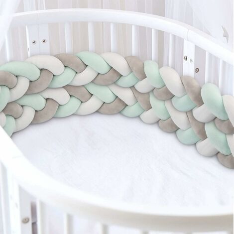 Tour de lit bébé 300 cm/118 pouces oreiller bébé velours tissé serpent tour de lit en peluche noué tressé tour de lit pour nouveau-né berceau dormir (gris + blanc + vert)