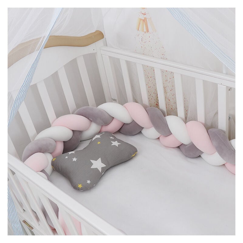 Tour de lit bébé—1.5M Tour De Lit Coussin Serpent Coussin Tresse Pare-Chocs Velours Protection Bebe Cloture En Tissu Anti-Collision (Blanc+Gris+Rose)