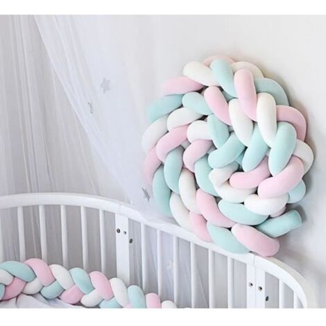 Tour de Lit Coussin Serpent Coussin Tressé Pare-chocs Velours 3M - Blanc+Rose+Vert - 300cm