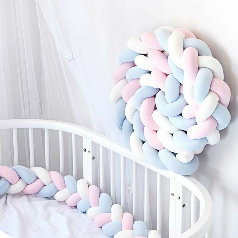 KZQ - Tour de Lit Tressé Doux de 3M avec 3 Cordons d'Attache pour la Sécurité de votre Bébé, Disponible en Couleurs Rose, Blanc et Bleu
