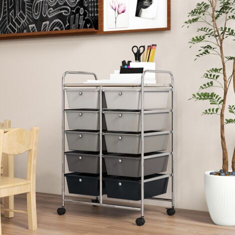 Tour de Rangement à Roulettes- 10 Tiroirs Amovibles 65,5 x 37 x 87 CM Format A4 et et Lettre Gris+Noir Cadre Gris Argenté CW1223 Maison Chic