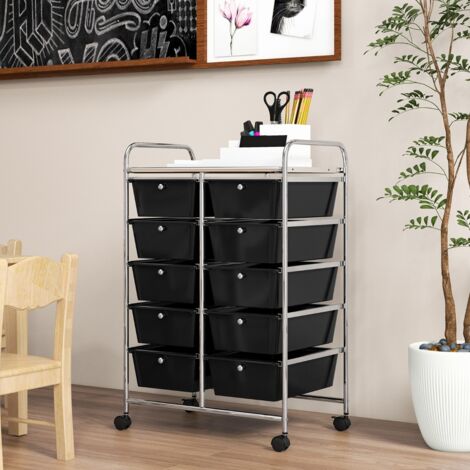 Tour de Rangement à Roulettes- 10 Tiroirs Amovibles 65,5 x 37 x 87 CM Format A4 et et Lettre Noir CW1007 Maison Chic