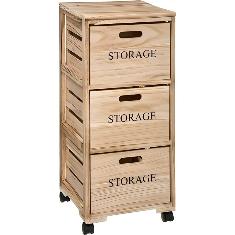 Tour de rangement avec 3 portes à roulettes en bois paulownia coloris beige - Longueur 34 x Profondeur 31,4 x Hauteur 82,2 cm Pegane