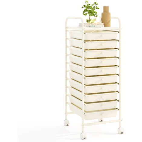 Tour de Rangement, Desserte à Roulettes avec 10 Tiroirs, Chariot de Rangement Stable Solide, 4 Roulettes Universelles avec Freins,Blanc
