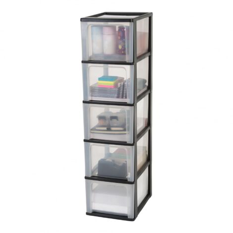 Tour De Rangement Plastique 5 Grands Tiroirs Transparents Plateau Rebord Ergonomique Robuste
