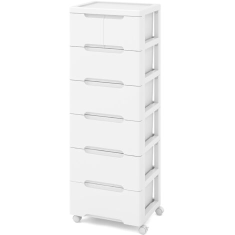 Tour de Rangement sur Roulettes, Commode Verticale à 6 Tiroirs, Roulettes Universelles et Verrouillables, Chariot de Rangement, Blanc
