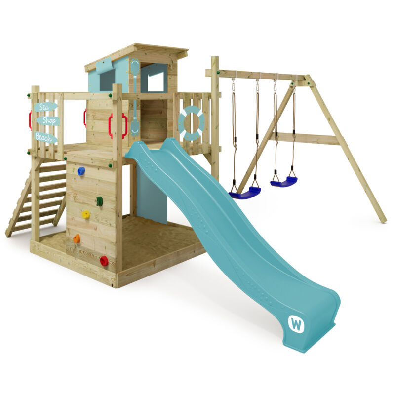 Wickey - Aire de jeux Portique bois Smart Camp avec balançoire et toboggan Cabane enfant exterieur avec bac à sable, échelle d'escalade & accessoires Wickey - Aire de jeux Portique bois Smart Camp avec balançoire et toboggan Cabane enfant exterieur avec bac à sable, échelle d'escalade & accessoires