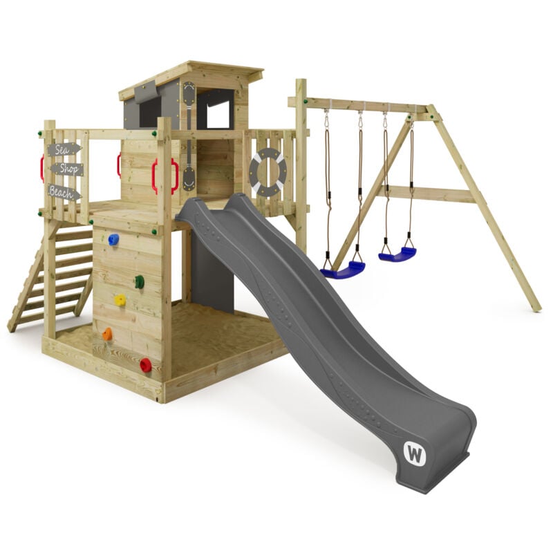 Wickey - Aire de jeux Portique bois Smart Camp avec balançoire et toboggan anthracite Cabane enfant exterieur avec bac à sable