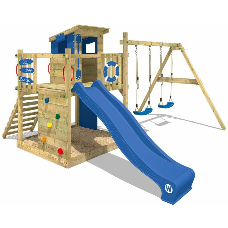 Aire de jeux Portique bois Smart Camp avec balançoire et toboggan bleu Cabane enfant exterieur avec bac à sable, échelle d'escalade & accessoires de