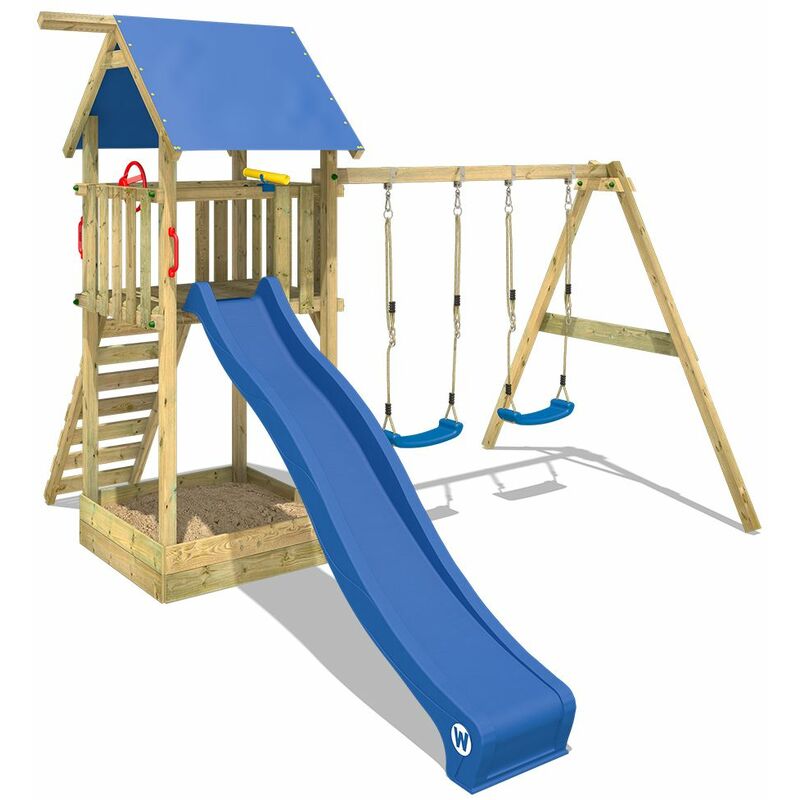 Aire de jeux Portique bois Smart Empire avec balançoire et toboggan bleu Maison enfant exterieur avec bac à sable, échelle d'escalade & accessoires