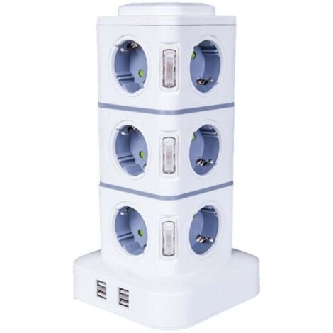 Tour Multiprise. 12 Prises Multiprise Electrique (2500W / 10A) avec 4 Ports USB. Multi Prises électriques Parafoudre Multiprise Verticale