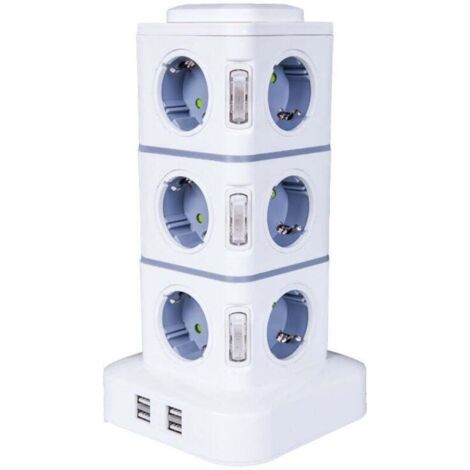 Tour Multiprise, 12 Prises Multiprise Electrique (2500W / 10A) avec 4 Ports USB, Multi Prises électriques Parafoudre Multiprise Verticale