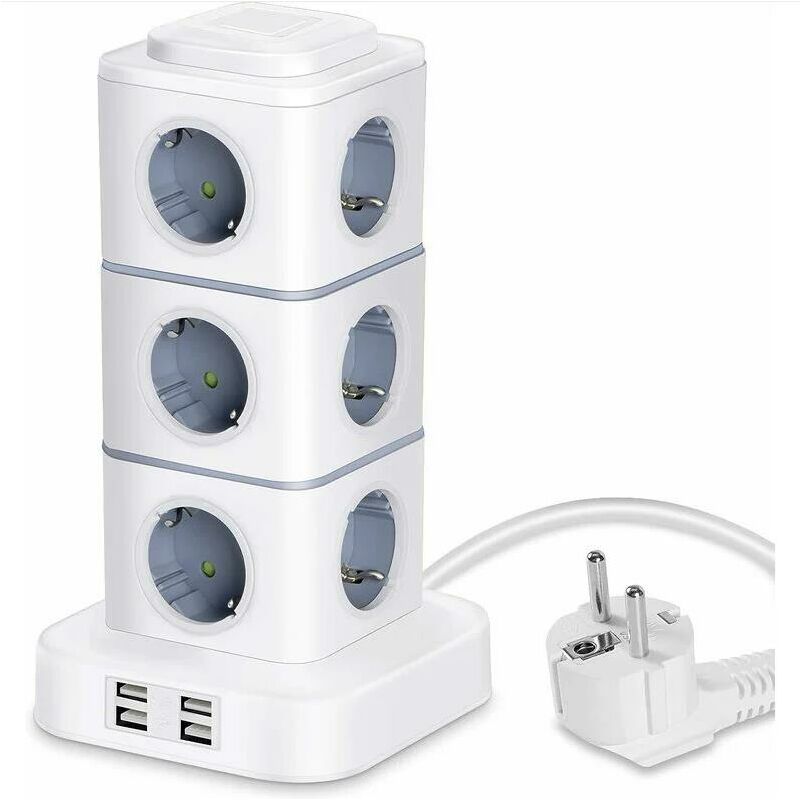 Tonchean Multiprise,Tour Multiprise, 12 Prises Multiprise Electrique (2500W / 10A) avec 4 Ports usb, Multi Prises électriques Parafoudre Multiprise