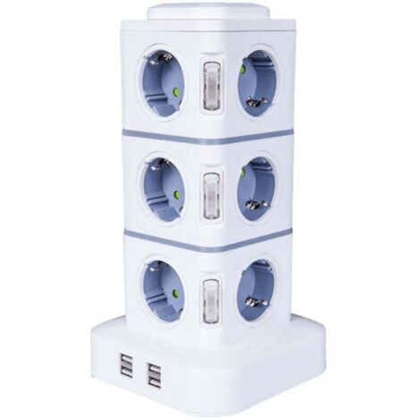 Tour Multiprise, 12 Prises Multiprise Electrique (2500W / 10A) avec 4 Ports USB, Multi Prises électriques Parafoudre Multiprise Verticale pour Maison Bureau, Rallonge 3M