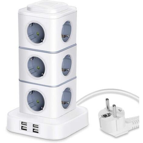 Tour Multiprise, 12 Prises Multiprise Electrique (2500W / 10A) avec 4 Ports USB, Multi Prises électriques Parafoudre Multiprise Verticale pour Maison Bureau, Rallonge 3M