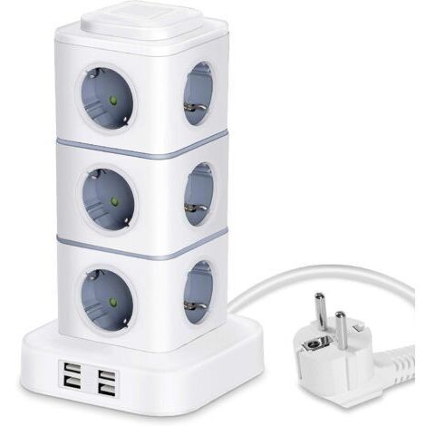 Tour Multiprise, 12 Prises Multiprise Electrique (2500W / 10A) avec 4 Ports USB, Multi Prises électriques Parafoudre Multiprise Verticale pour Maison Bureau, Rallonge 3M
