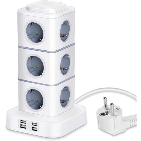 Tour Multiprise, 12 Prises Multiprise Electrique (2500W / 10A) avec 4 Ports USB, Multi Prises électriques Parafoudre Multiprise Verticale pour Maison Bureau, Rallonge 3M