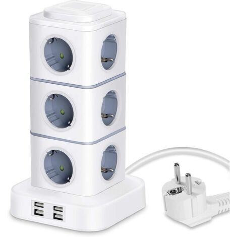 Tour Multiprise, 12 Prises Multiprise Electrique (2500W / 10A) avec 4 Ports USB, Multi Prises électriques Parafoudre Multiprise Verticale pour Maison Bureau, Rallonge 3M