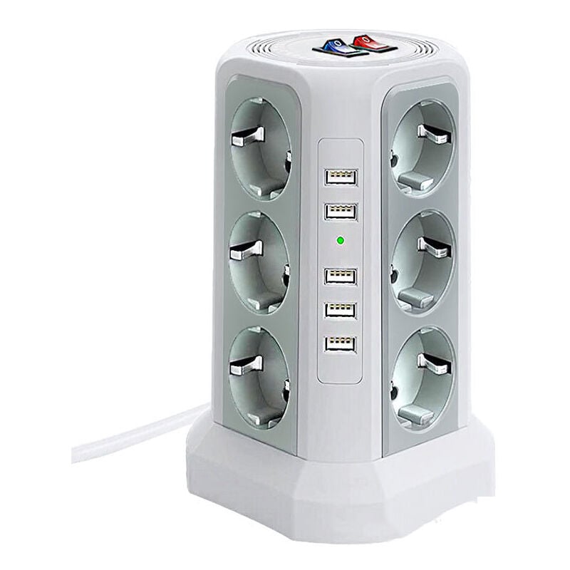 Tour multiprise parafoudre et surtension, Multiprise Electrique avec 5 Ports usb et 12 Prises, multiprise avec et 3 Interrupteurs, Blanc
