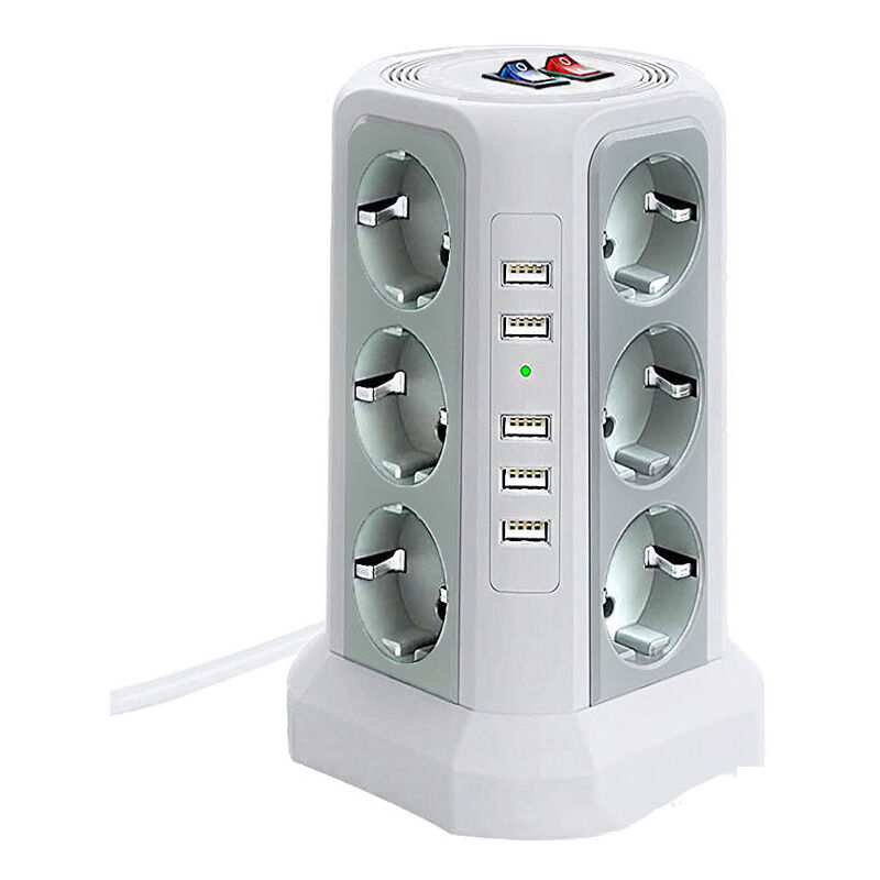Tour multiprise parafoudre et surtension, Multiprise Electrique avec 5 Ports usb et 12 Prises, multiprise avec et 3 Interrupteurs, Blanc