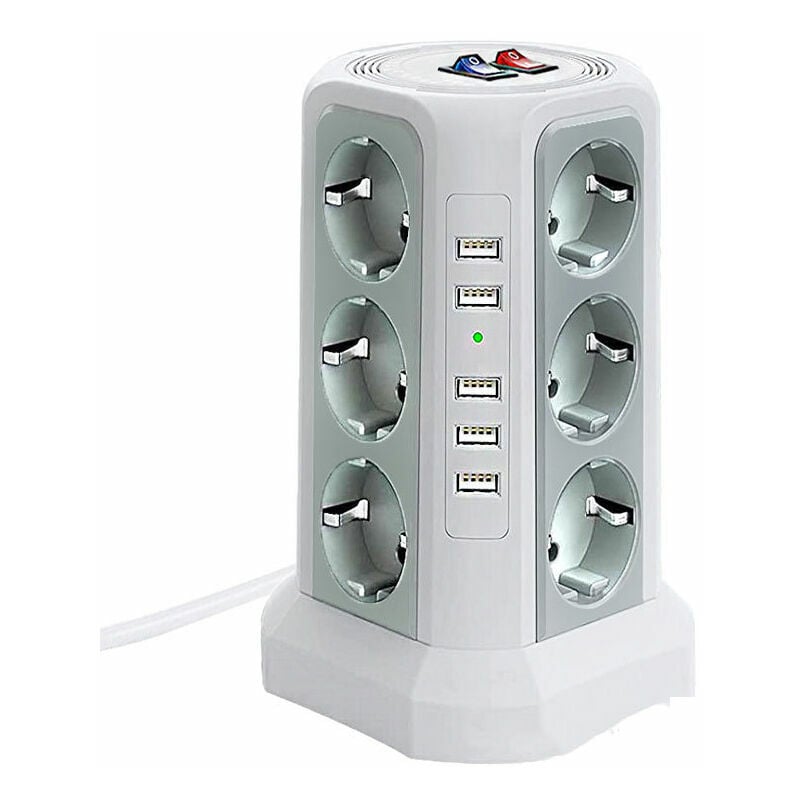 Tour multiprise parafoudre et surtension, Multiprise Electrique avec 5 Ports usb et 12 Prises, multiprise avec et 3 Interrupteurs, Blanc
