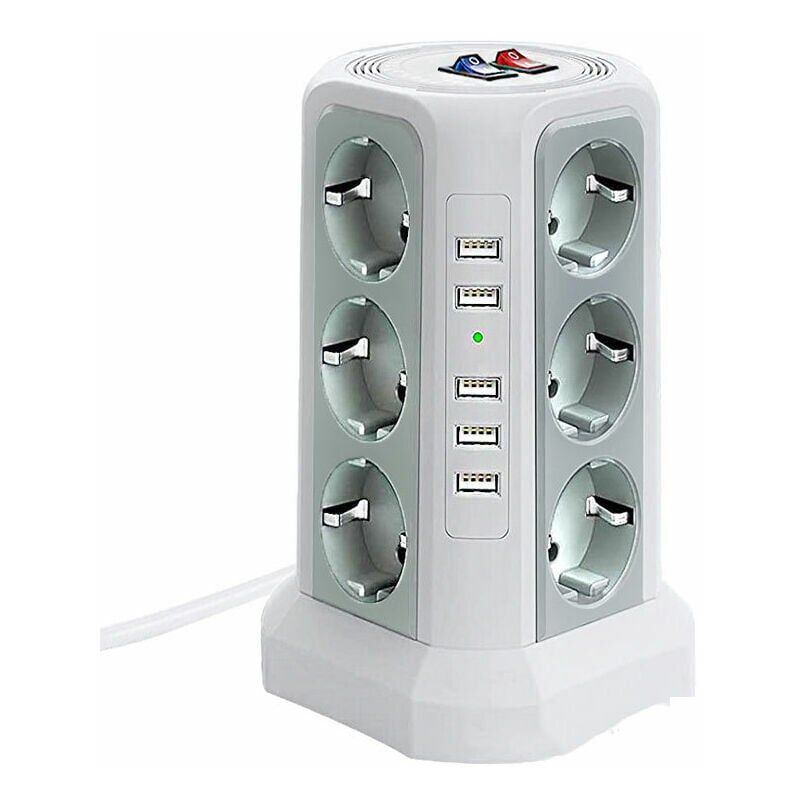 Tour multiprise parafoudre et surtension, Multiprise Electrique avec 5 Ports usb et 12 Prises, multiprise avec et 3 Interrupteurs, blanc + gris
