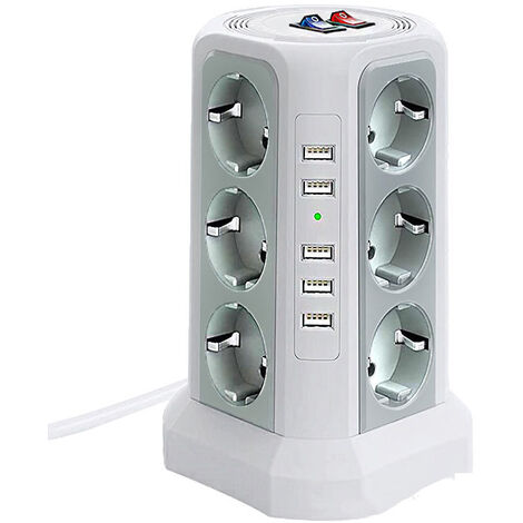 Tour multiprise parafoudre et surtension, Multiprise Electrique avec 5 Ports USB et 12 Prises, multiprise avec et 3 Interrupteurs, Blanc