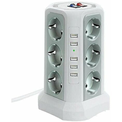 DERRUI Tour multiprise parafoudre et surtension, Multiprise Electrique avec 5 Ports USB et 12 Prises, multiprise avec et 3 Interrupteurs, Blanc
