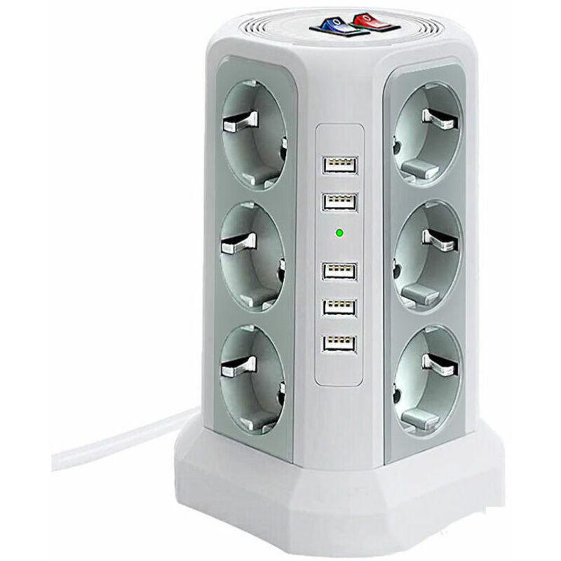 Tour multiprise parafoudre et surtension, Multiprise Electrique avec 5 Ports USB et 12 Prises, multiprise avec et 3 Interrupteurs, blanc + gris
