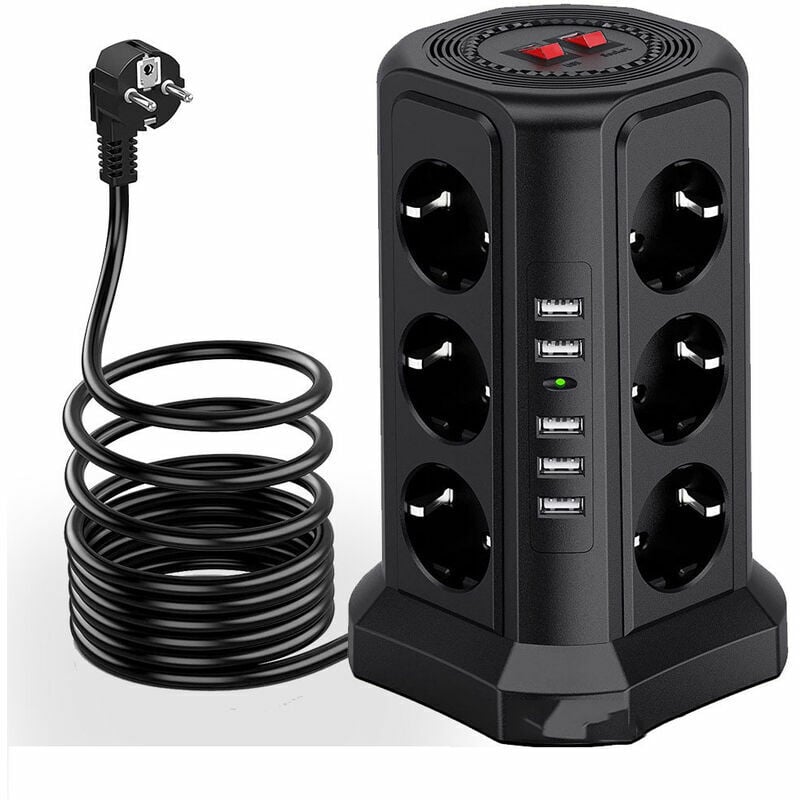 Tour multiprise parafoudre et surtension, Multiprise Electrique avec 5 Ports usb et 12 Prises, multiprise avec et 3 Interrupteurs, Noir Dpzo