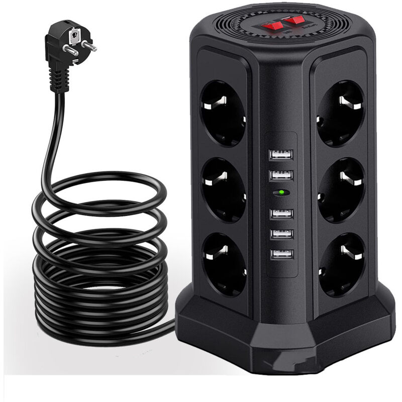 Tour multiprise parafoudre et surtension, Multiprise Electrique avec 5 Ports usb et 12 Prises, multiprise avec et 3 Interrupteurs, Noir
