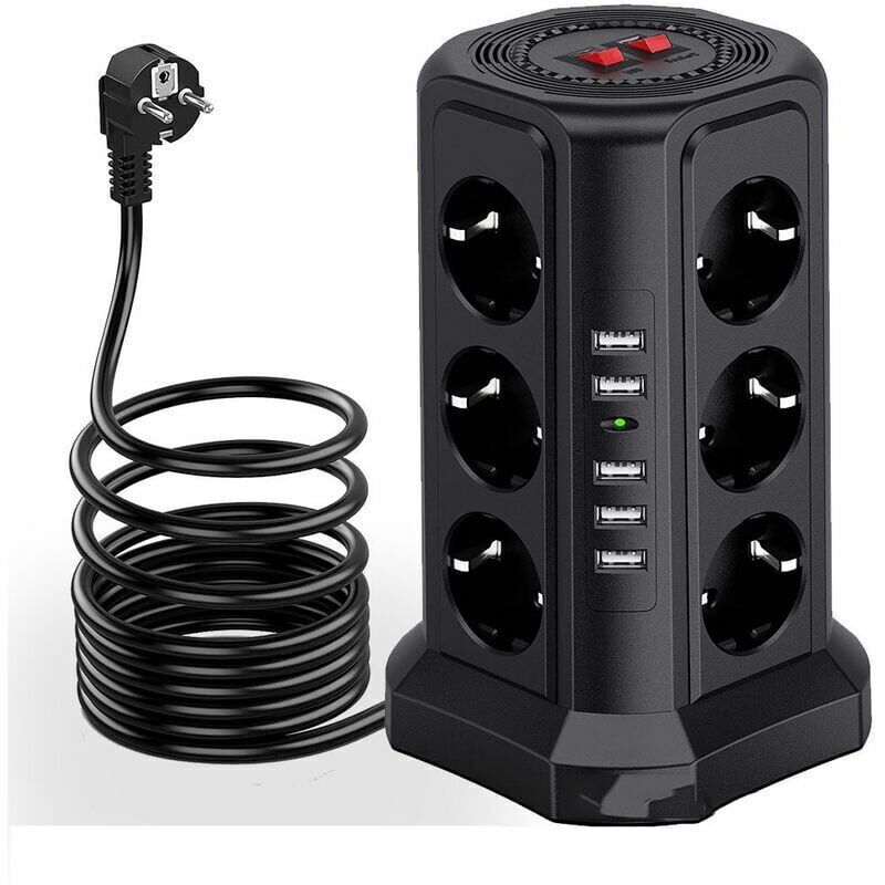 Tour multiprise parafoudre et surtension, Multiprise Electrique avec 5 Ports usb et 12 Prises, multiprise avec et 3 Interrupteurs, Noir