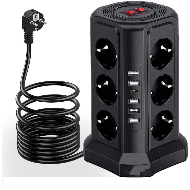 Tour multiprise parafoudre et surtension, Multiprise Electrique avec 5 Ports usb et 12 Prises, multiprise avec et 3 Interrupteurs, Noir