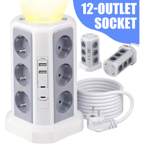 Tour Multiprise Parasurtenseur Parafoudre 12 Prises avec USB Ports - Cordon de 2m - Noir