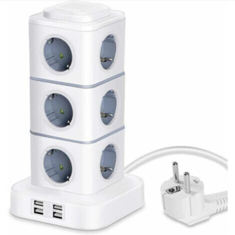 Tour multiprise verticale 12 prises + 4 USB, parafoudre intégré, rallonge 3 m – RWMultiprise
