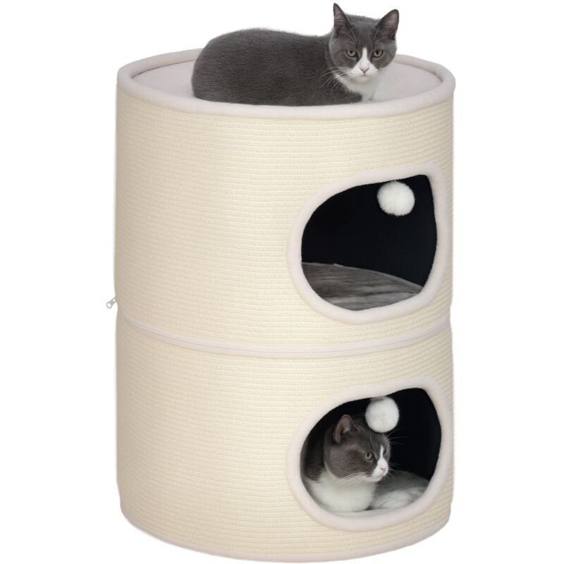 Tour pour chat modulable zippée 3 parties - tonneau griffoir chat 2 pompons - sisal naturel peluche crème