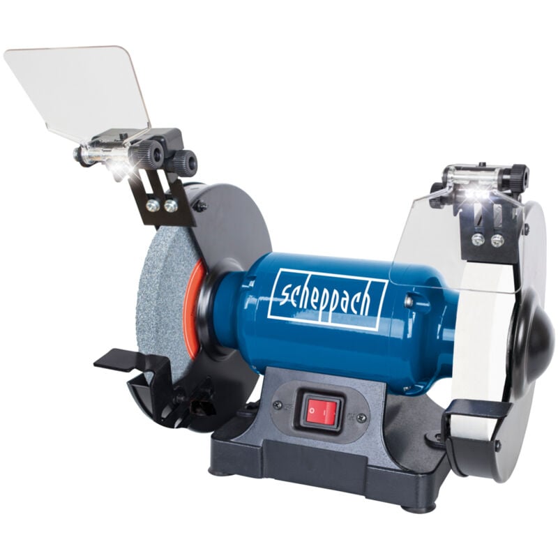 Scheppach - Touret Mixte SM200AL - Puissance 500W - Pare-étincelles réglable - Porte-outils réglables - Meules en grain 36 et 100 de Ø200mm - led