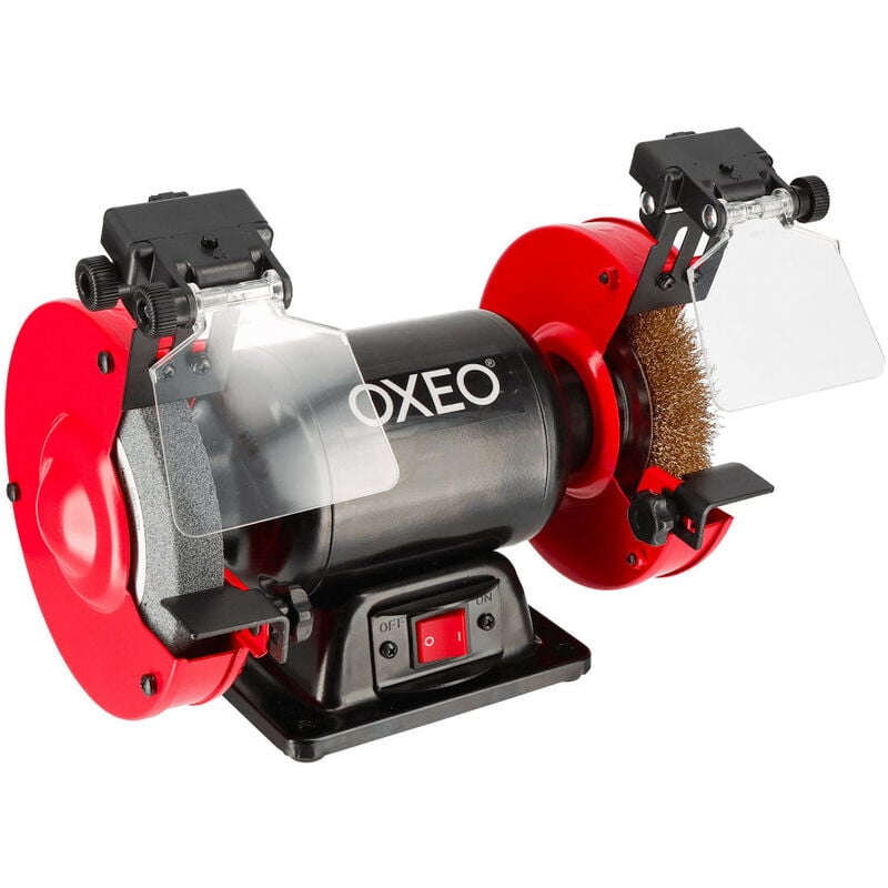 Oxeo - Touret à meuler 400w - Touret Mixte 1 meule & 1 brosse métallique Ø150 mm - Eclairages à led - 2 écrans de protections