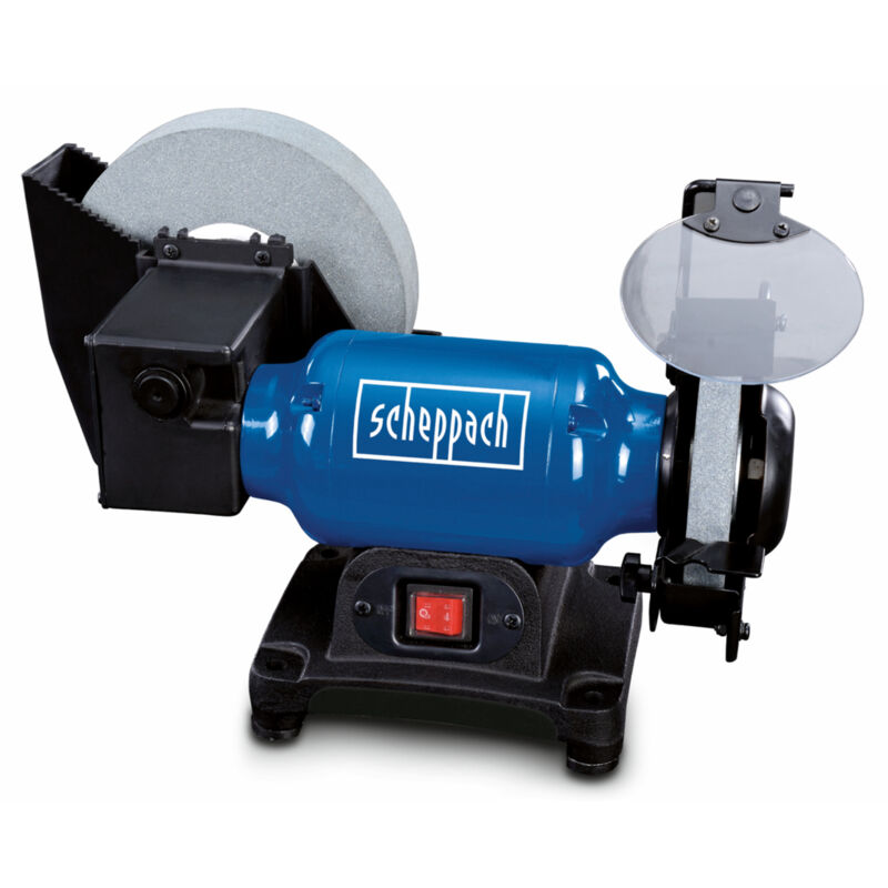 Scheppach Touret Mixte BG200W - 4903201918–9930 - Moteur à induction - 250W - Meules Ø200 mm- Pare-éclats ajustables - Porte-outils réglables - Lampe